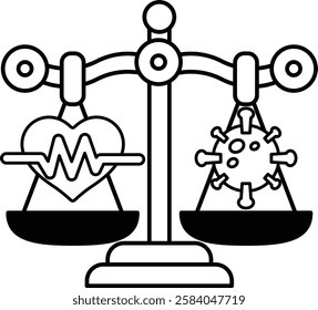 A scale with a heart on one side and a virus on the other. The scale is balanced, but the heart is on the left side and the virus is on the right side