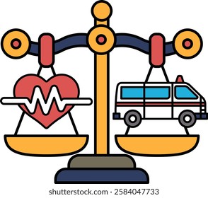 A scale with a heart on one side and a van on the other. The heart represents the importance of health and the van represents the importance of transportation in the medical field