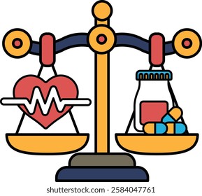 A scale with a heart on one side and pills on the other. The scale is balanced, but the heart is smaller than the pills. Concept of health and wellness, with the heart representing a healthy lifestyle