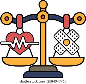 A scale with a heart on one side and a bandaged hand on the other. The scale is balanced, but the hand is injured. Concept of balance and the importance of taking care of oneself