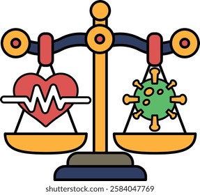 A scale with a heart on one side and a virus on the other. The scale is balanced, but the heart is on the left side and the virus is on the right side