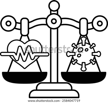 A scale with a heart on one side and a virus on the other. The scale is balanced, but the heart is on the left side and the virus is on the right side