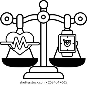 A scale with a heart and a watch on it. The heart is on the left side and the watch is on the right side