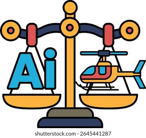 A scale with a helicopter and the letters AI on it. The scale is balanced with the helicopter on one side and the letters AI on the other