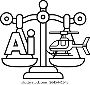 A scale with a helicopter and the letters AI on it. The scale is balanced with the helicopter on one side and the letters AI on the other