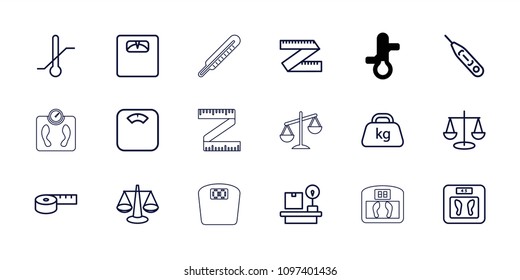 Scale icon. collection of 18 scale outline icons such as floor scales, measuring tape, measure ruler, thermometer, lugagge weight. editable scale icons for web and mobile.