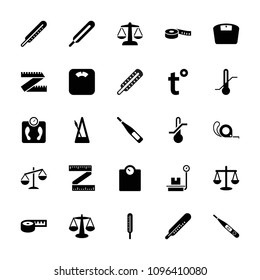 Scale icon. collection of 25 scale filled icons such as thermometer, tape, scales, themometer, metronome, temperature, measuring tape. editable scale icons for web and mobile.