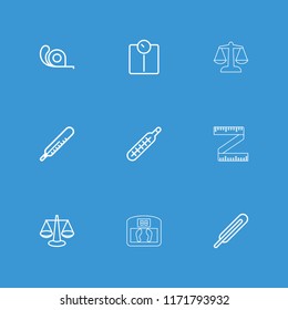 Scale icon. collection of 9 scale outline icons such as thermometer, tape, scales, themometer. editable scale icons for web and mobile.