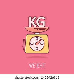 Scale icon in comic style. Kilogram dumbbell cartoon vector illustration on white isolated background. Gym splash effect business concept.