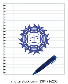 scale icon emblem draw with pen effect. Blue ink. Vector Illustration. Detailed.