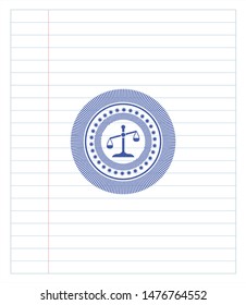 scale icon emblem drawn with pen. Blue ink. Vector Illustration. Detailed.