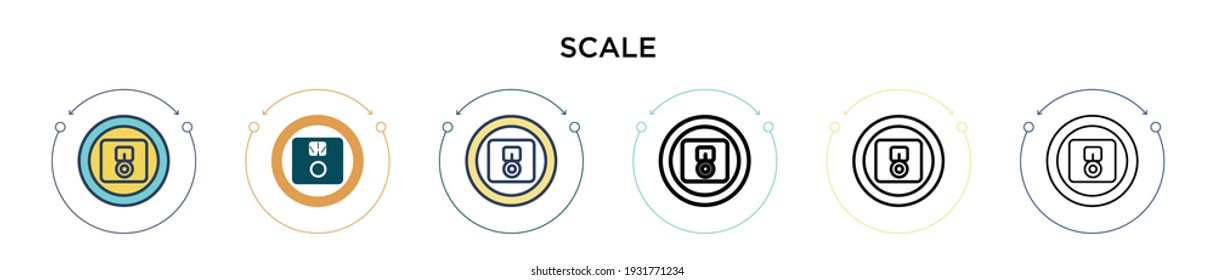 Scale icon in filled, thin line, outline and stroke style. Vector illustration of two colored and black scale vector icons designs can be used for mobile, ui, web