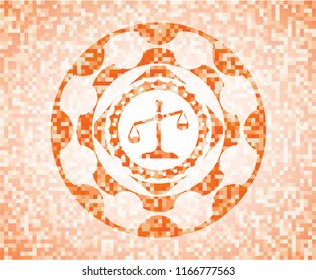 scale icon inside abstract emblem, orange mosaic background