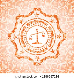 scale icon inside abstract emblem, orange mosaic background