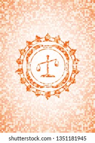 scale icon inside abstract emblem, orange mosaic background