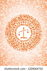 scale icon inside abstract orange mosaic emblem with background