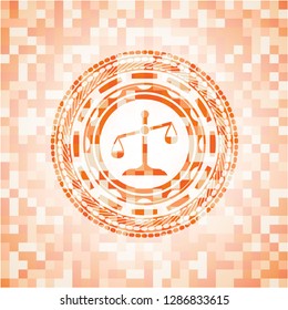 scale icon inside abstract orange mosaic emblem