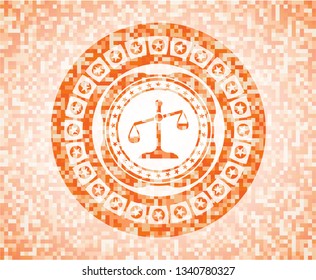 scale icon inside abstract orange mosaic emblem