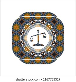 scale icon inside arabic badge background. Arabesque decoration.