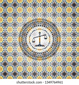 scale icon inside arabic badge. Arabesque decoration.