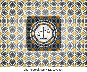 scale icon inside arabic emblem background. Arabesque decoration.