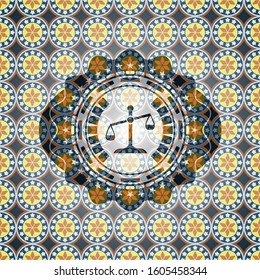 scale icon inside arabic emblem background. Arabesque decoration.
