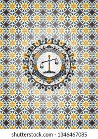 scale icon inside arabic style badge. Arabesque decoration.