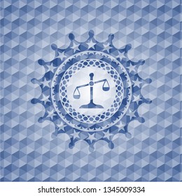 scale icon inside blue badge with geometric pattern background.
