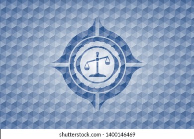 scale icon inside blue badge with geometric background.
