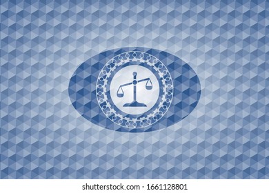 scale icon inside blue badge with geometric pattern background.