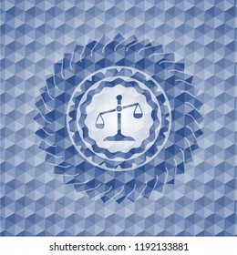 scale icon inside blue emblem or badge with geometric pattern background.