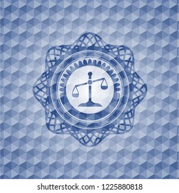 scale icon inside blue emblem or badge with abstract geometric pattern background.