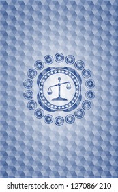 scale icon inside blue emblem or badge with abstract geometric polygonal pattern background.