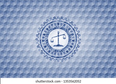 scale icon inside blue emblem or badge with geometric pattern background.