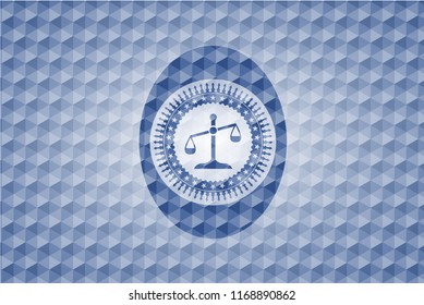 scale icon inside blue polygonal emblem.