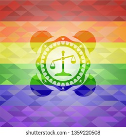 scale icon inside emblem on mosaic background with the colors of the LGBT flag