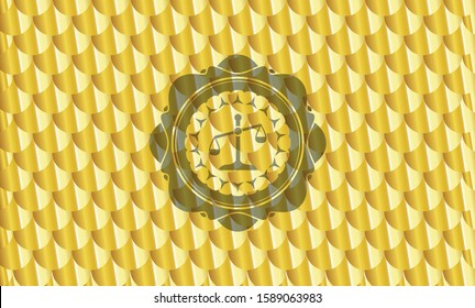 scale icon inside gold emblem or badge. Scales pattern. Vector Illustration. Detailed.