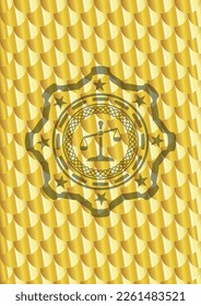 scale icon inside gold shiny badge. Scales pattern. Vector Illustration. Detailed. 