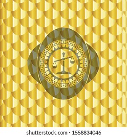 scale icon inside golden emblem or badge. Scales pattern. Vector Illustration. Detailed.