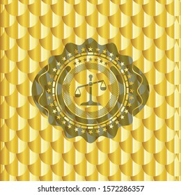 scale icon inside golden emblem or badge. Scales pattern. Vector Illustration. Detailed.