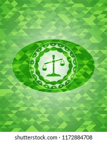 scale icon inside green emblem. Mosaic background