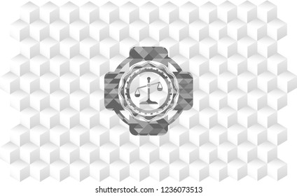 scale icon inside grey badge with geometric cube white background
