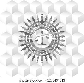 scale icon inside grey badge with geometric cube white background