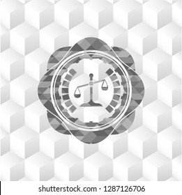 scale icon inside grey badge with geometric cube white background
