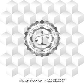 scale icon inside grey emblem. Retro with geometric cube white background