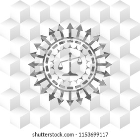scale icon inside grey emblem with cube white background