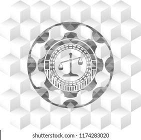 scale icon inside grey emblem. Retro with geometric cube white background