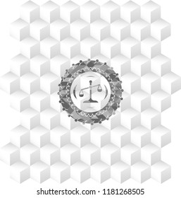 scale icon inside grey emblem with geometric cube white background