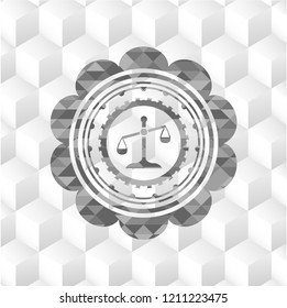 scale icon inside grey emblem. Retro with geometric cube white background