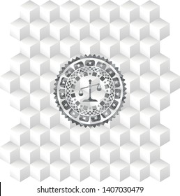 scale icon inside grey emblem. Vintage with geometric cube white background